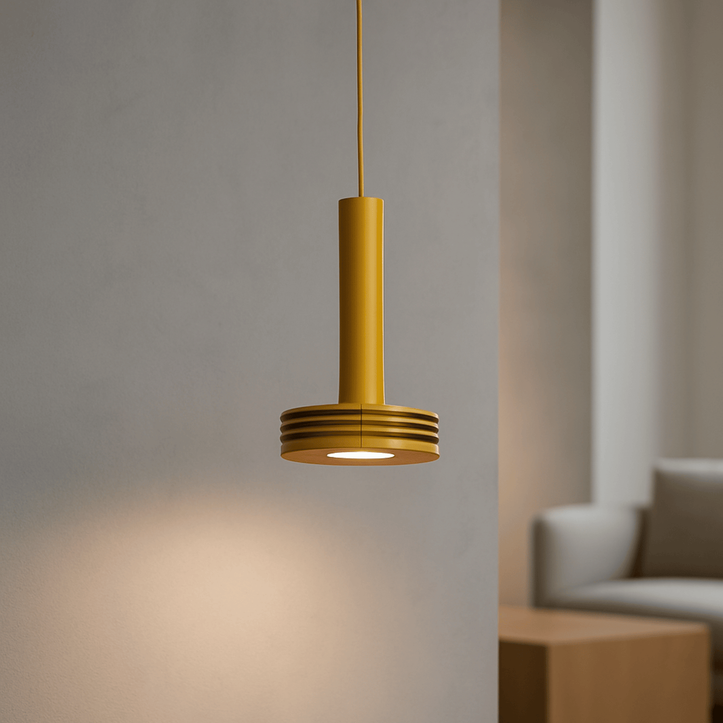 Yellow pendant light hanging against a neutral background