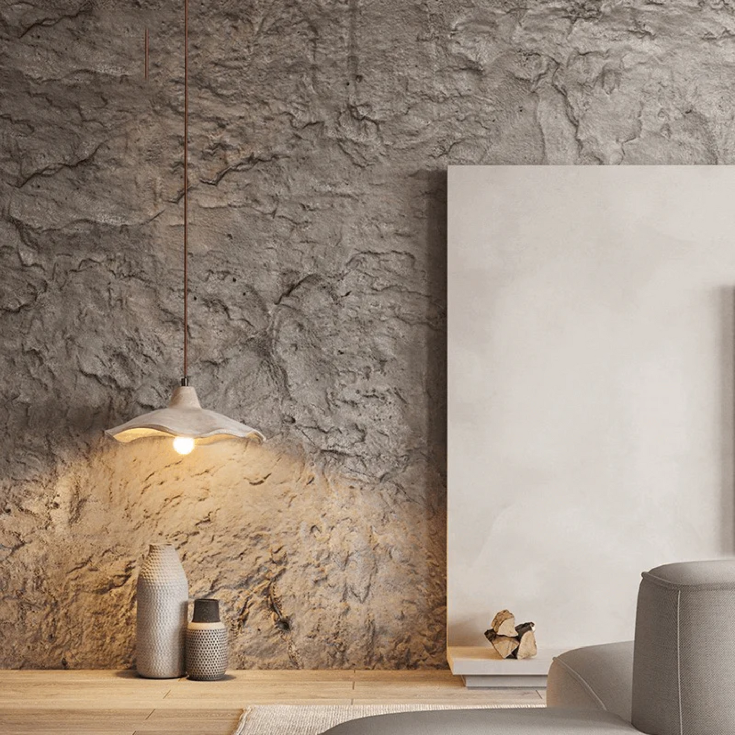Modern interior with stone wall and pendant light