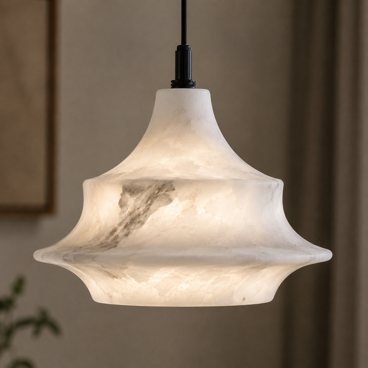 Marble-textured pendant light hanging against a neutral background