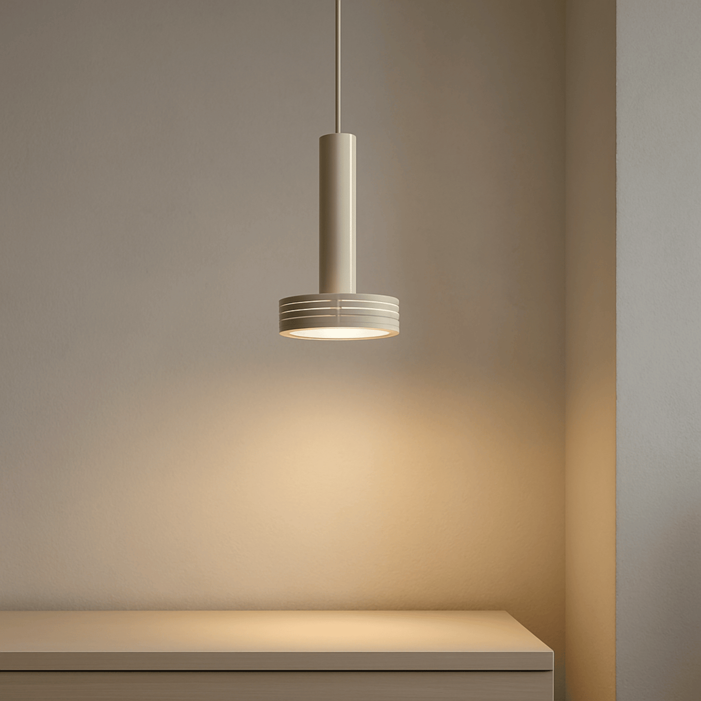 Modern pendant light hanging above a table with a neutral background