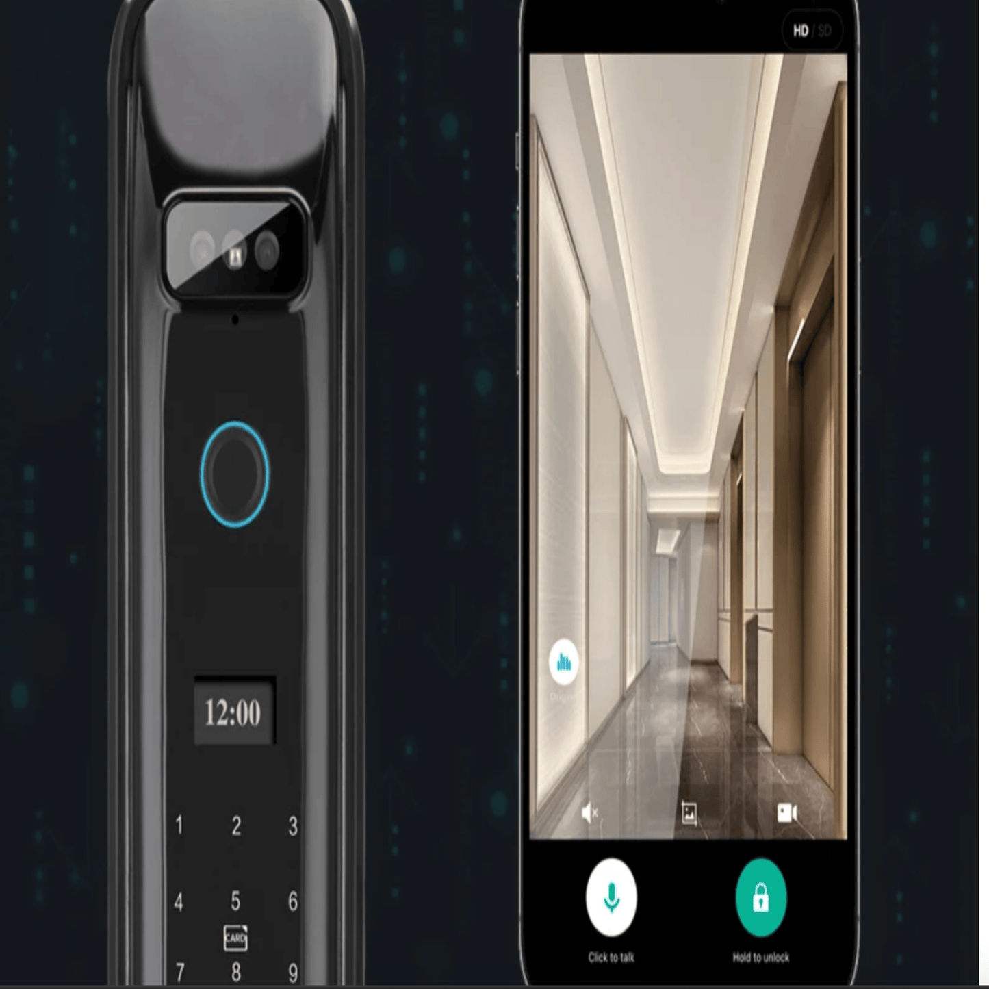 Smart doorbell with digital display and smartphone app interface showing a hallway.