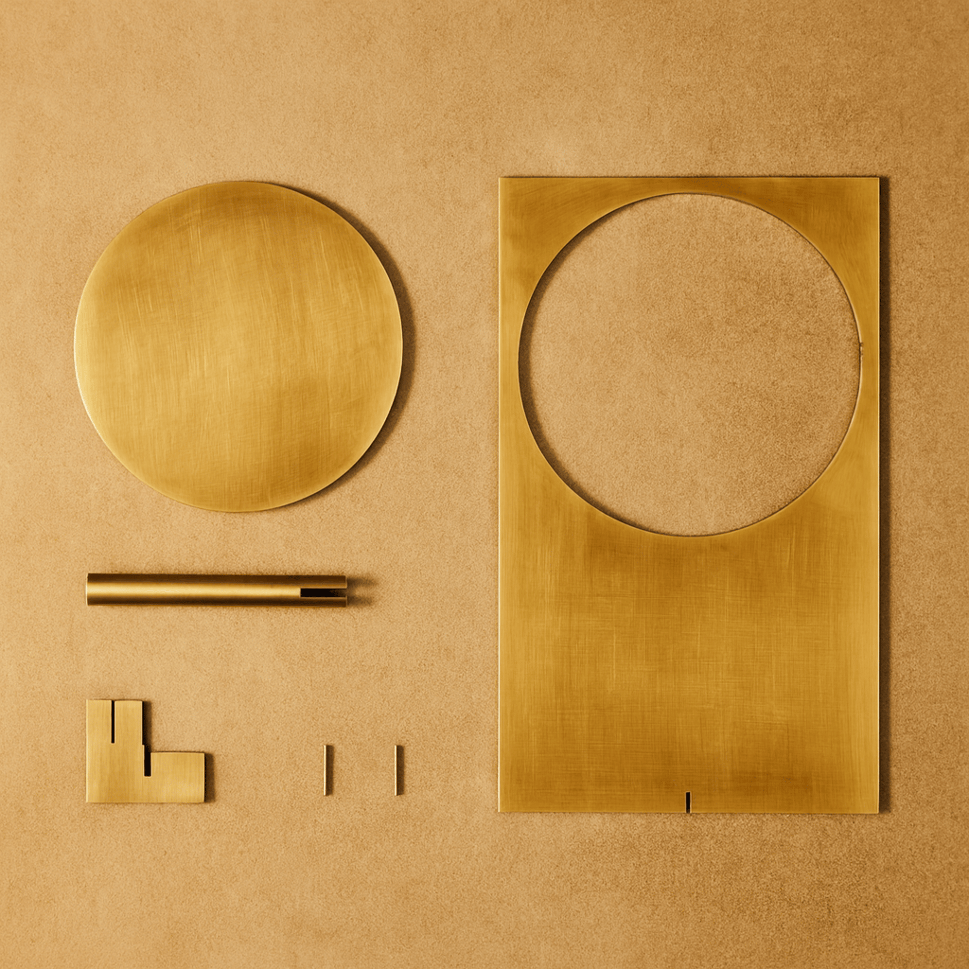 Set of gold bathroom fixtures on a beige background