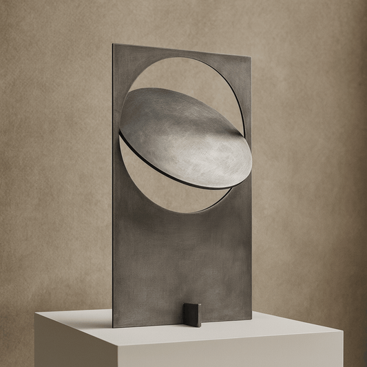 Modern abstract sculpture with geometric design on a neutral background