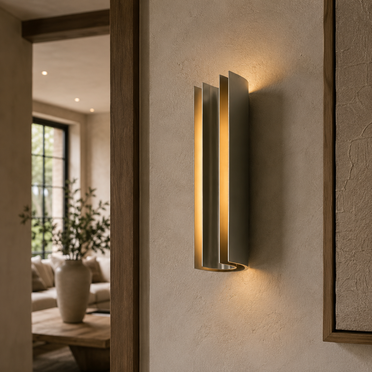 Modern wall-mounted light fixture on a textured wall with a room in the background