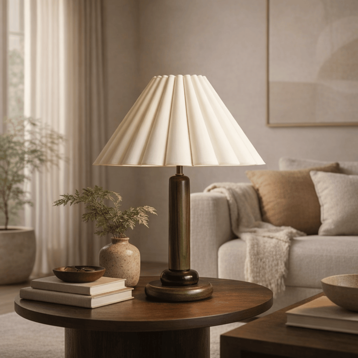 Lamp on a wooden table in a living room setting with a couch and decor.
