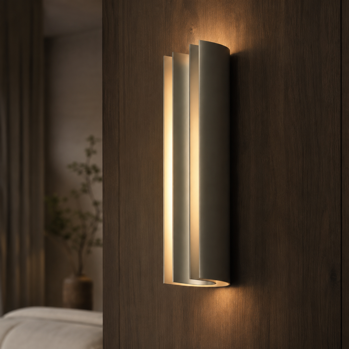 Modern wall-mounted light fixture on a wooden wall