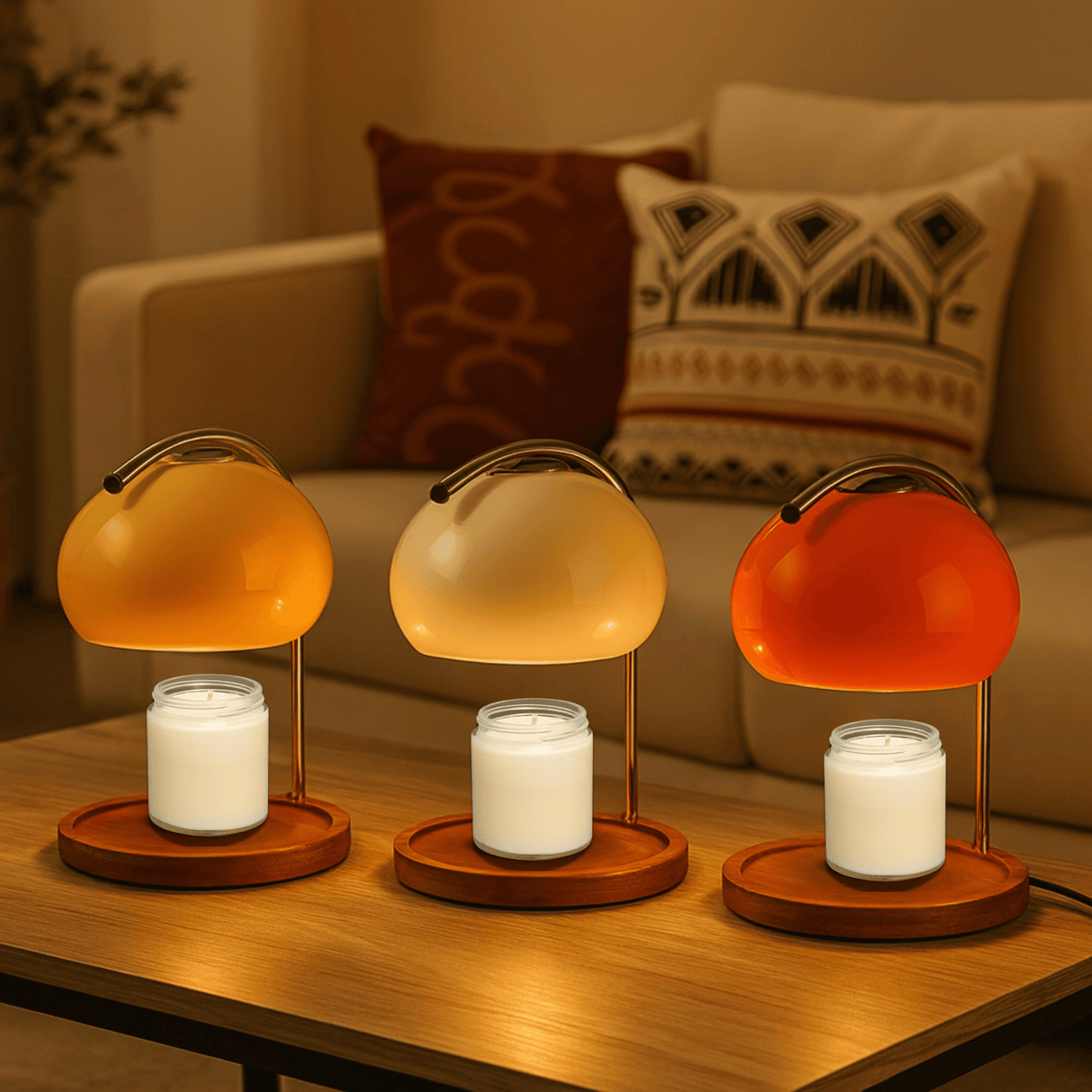 Three table lamps with glass shades and candles on a wooden surface, with a couch and pillows in the background.