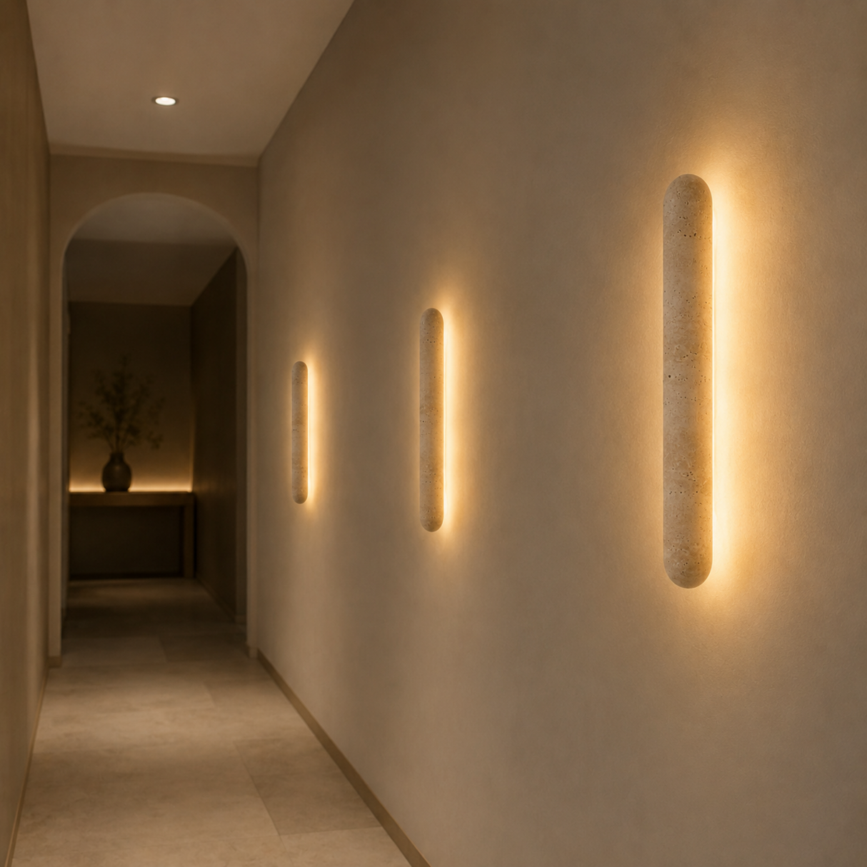 Modern hallway with cylindrical wall lights casting a warm glow.