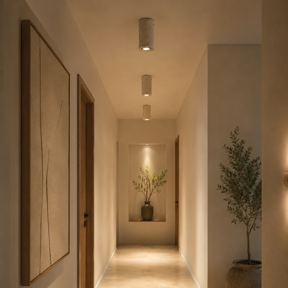 Modern hallway with decorative elements and soft lighting