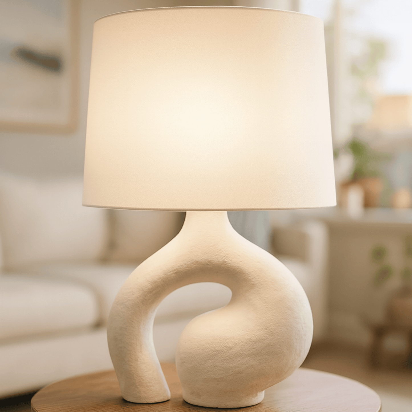 Decorative table lamp with a unique base in a living room setting