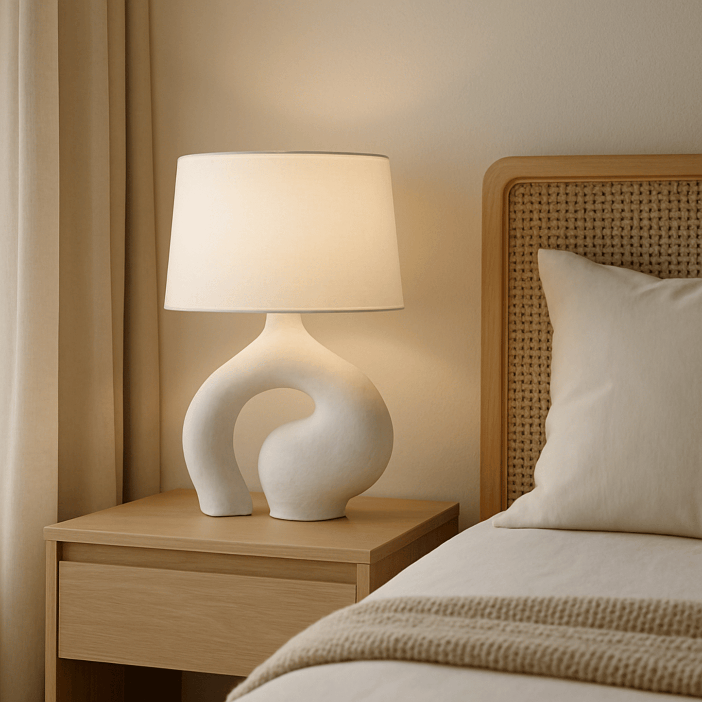 Decorative lamp on a nightstand next to a bed with a wicker headboard.