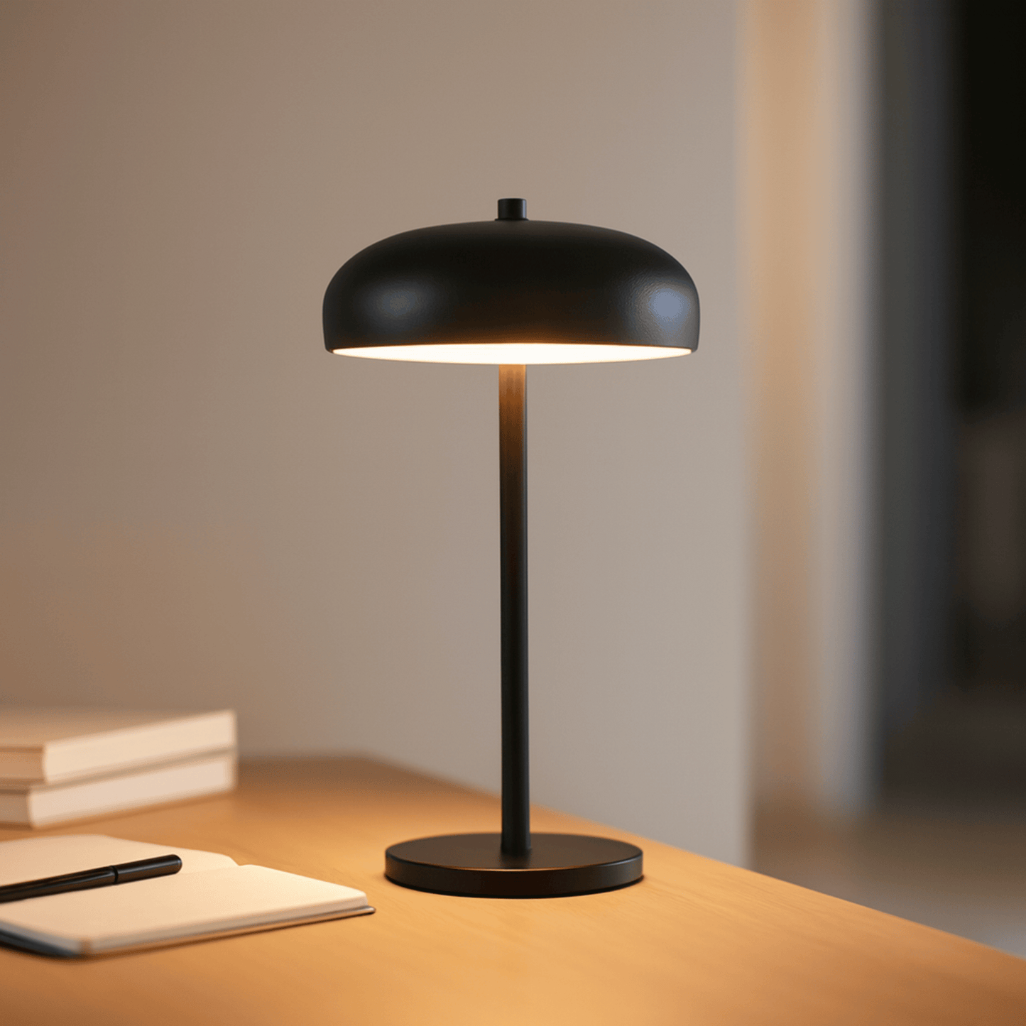 Black table lamp on a wooden surface with a blurred background