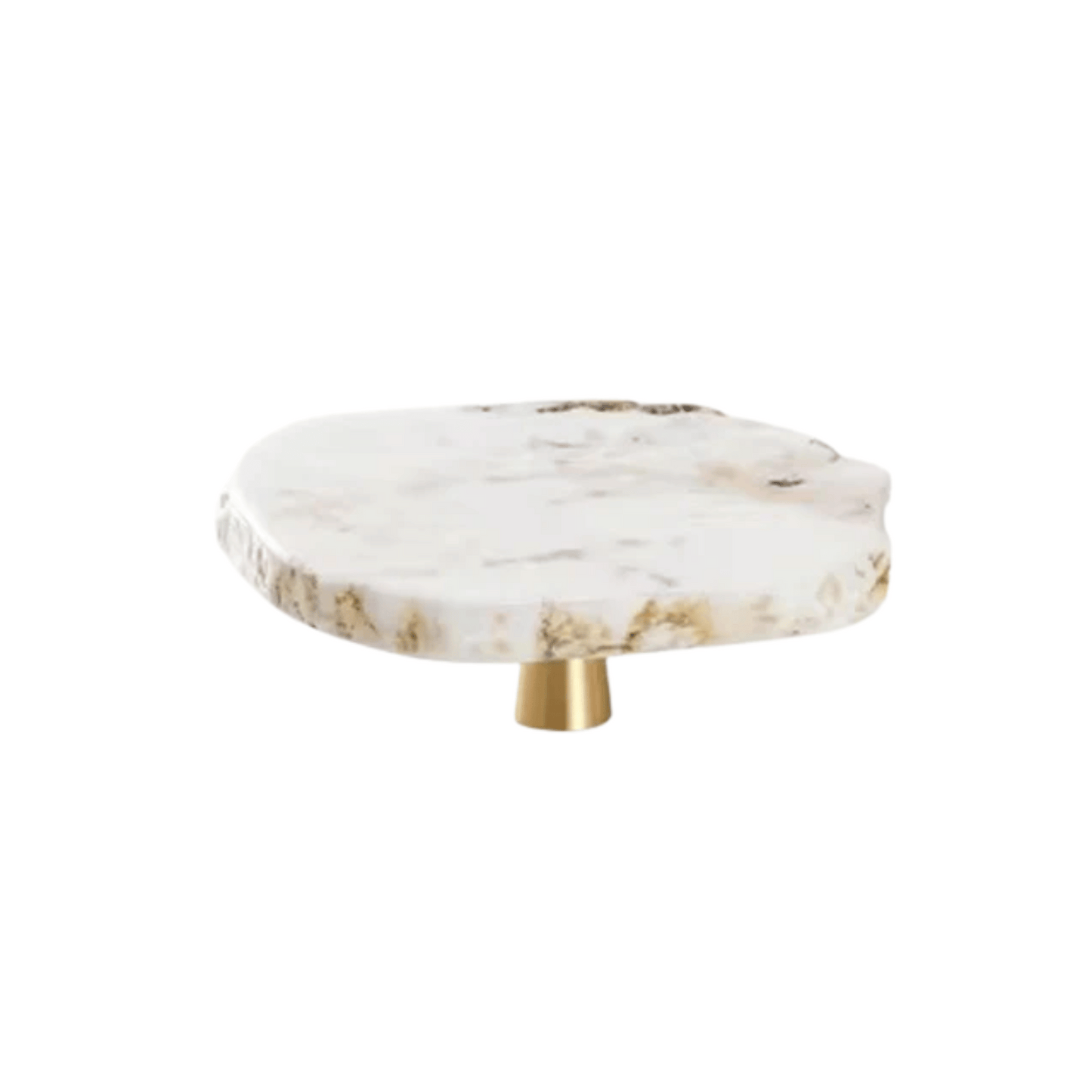 Marble-patterned round object with a gold base on a white background