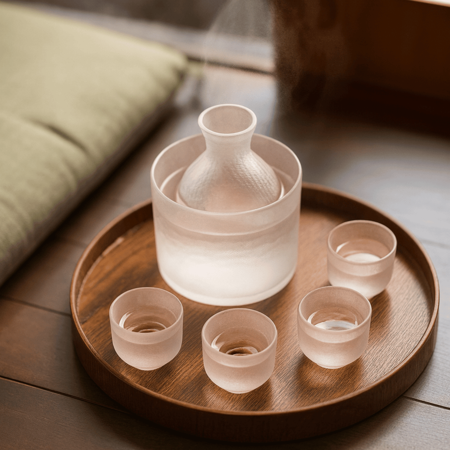 Set of white ceramic cups and a bottle on a wooden tray with a blurred background