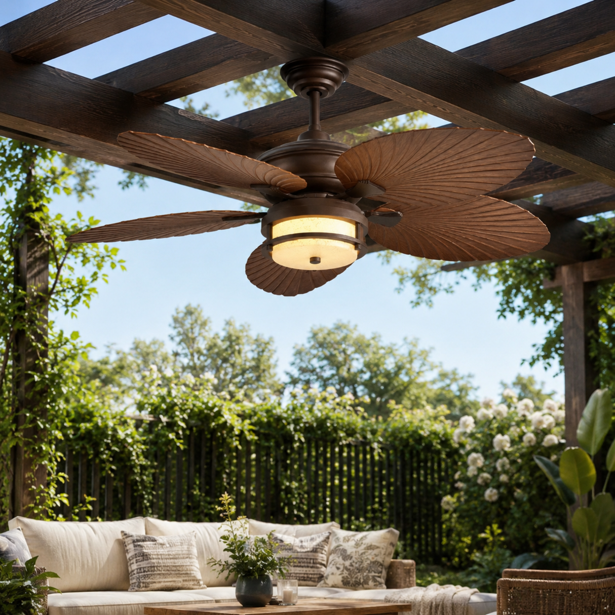 Outdoor ceiling fan with light fixture in a garden setting