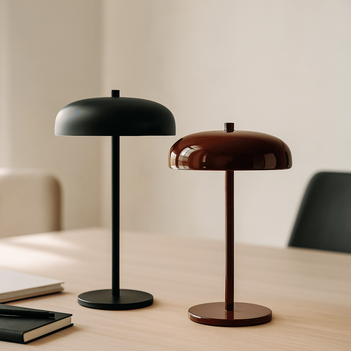 Two table lamps, one black and one brown, on a wooden surface with a neutral background.