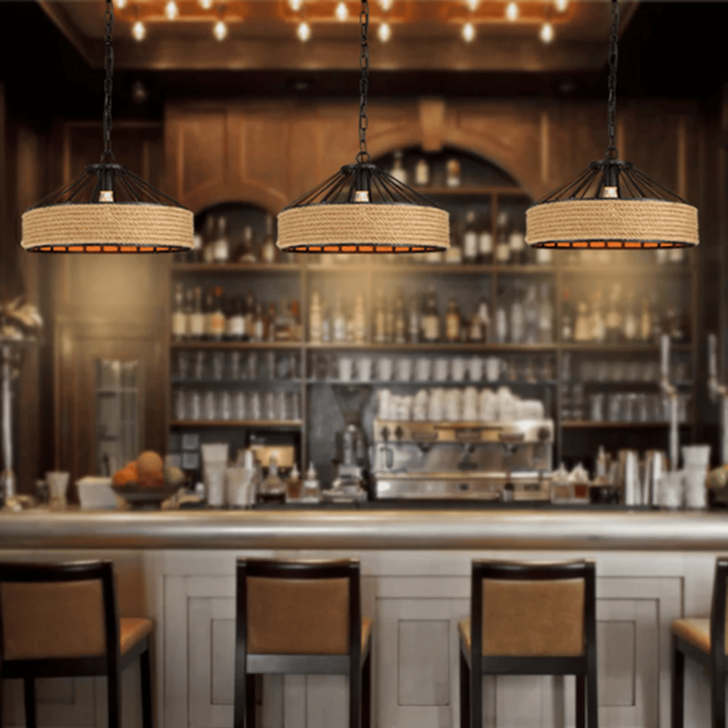 Three pendant lights hanging above a bar with chairs in a restaurant setting.