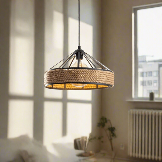 Pendant light with woven design on a white background