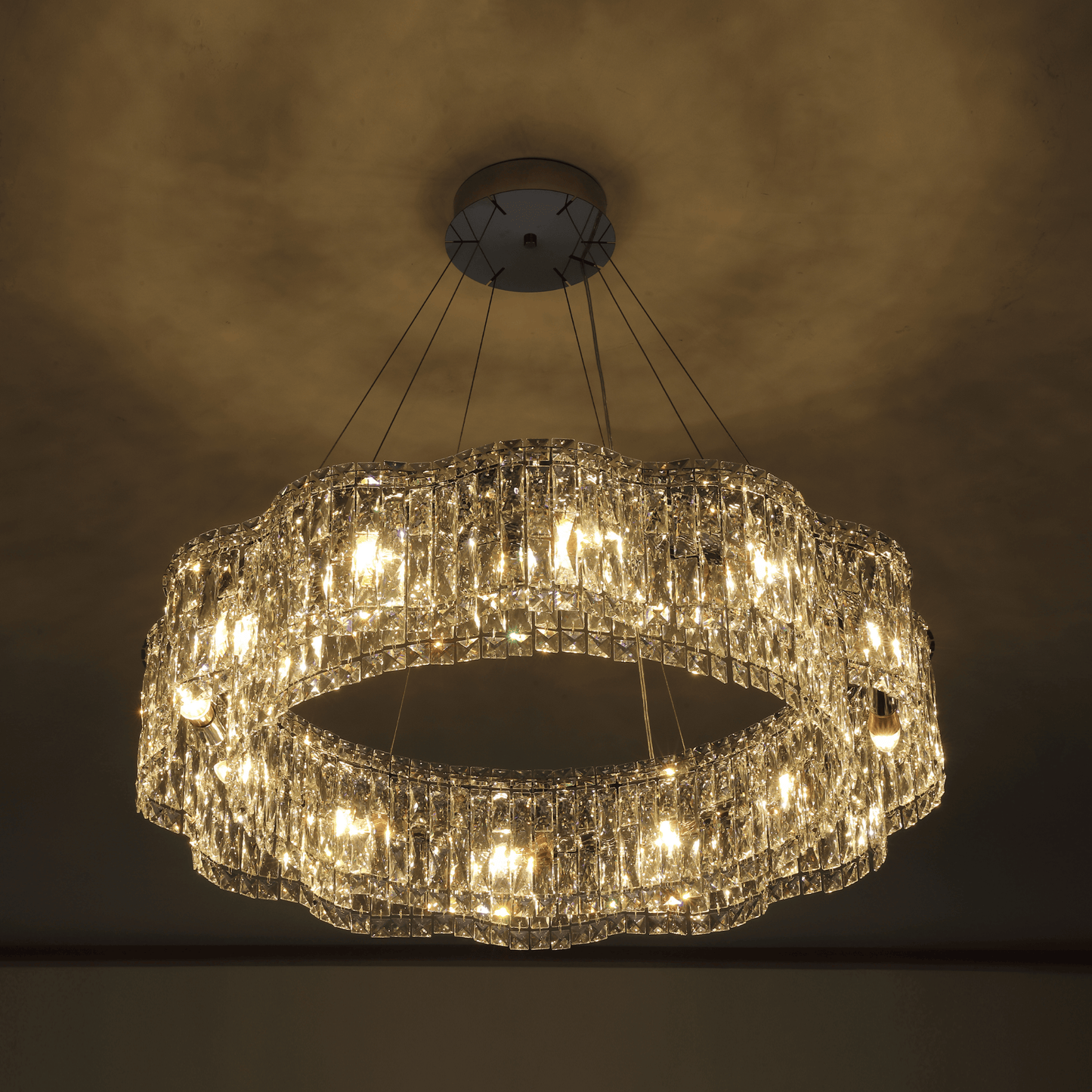 Crystal chandelier hanging from a ceiling