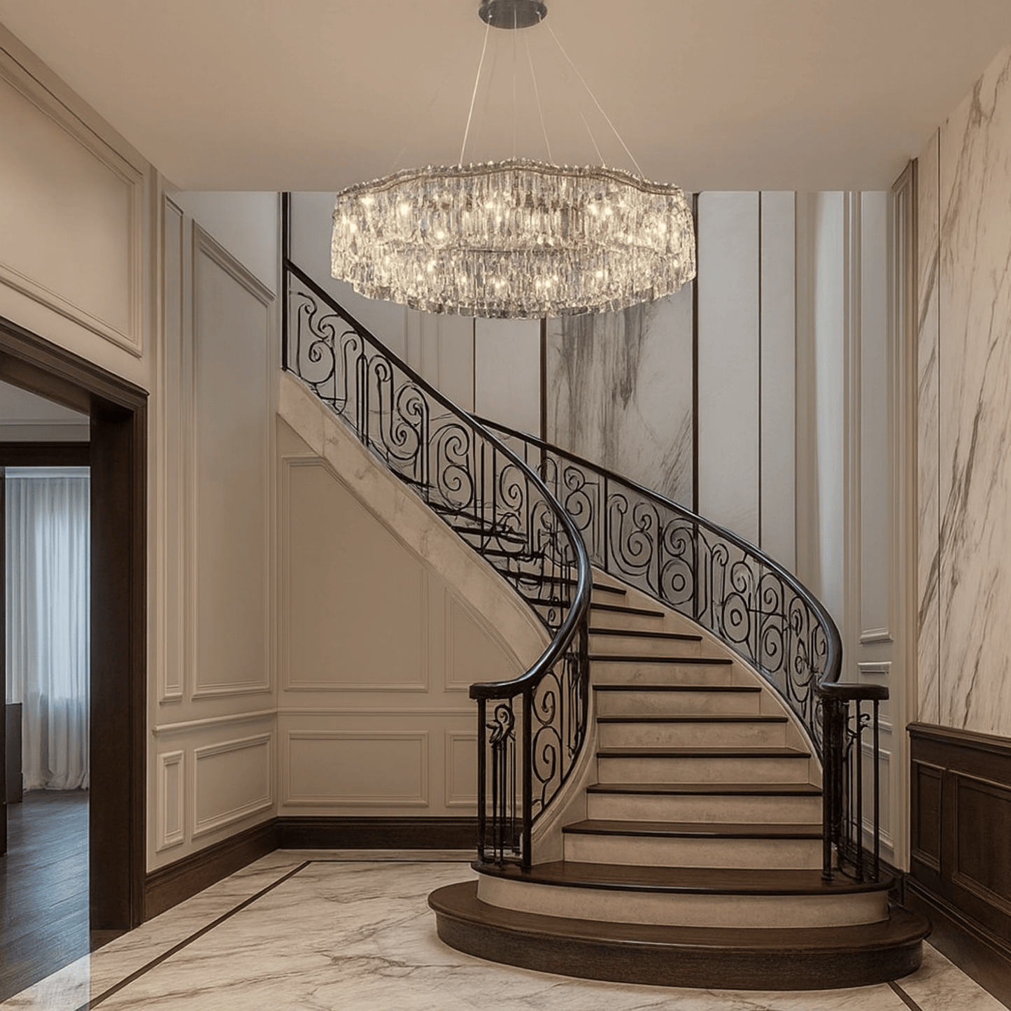Luxurious staircase with ornate railing and crystal chandelier in a well-lit hallway.
