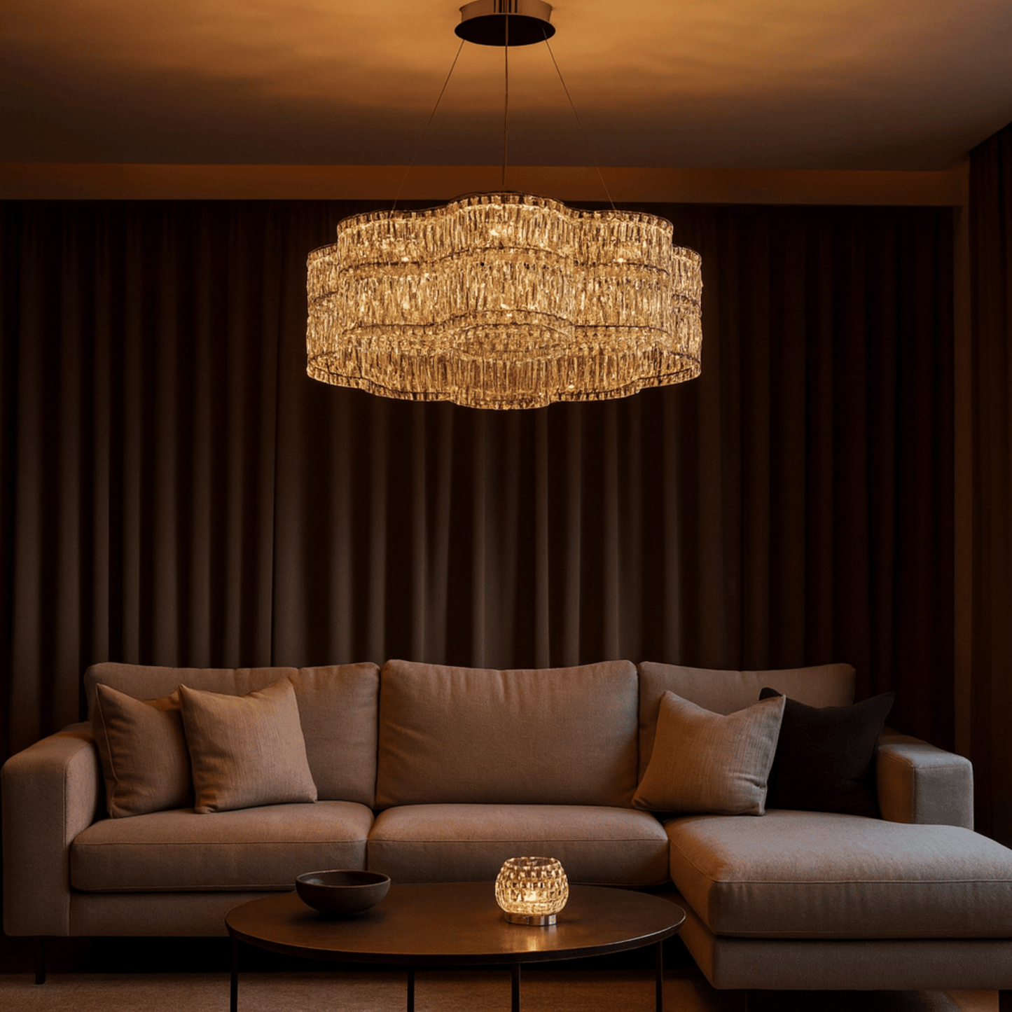 Modern living room with a chandelier, sofa, and decorative items.
