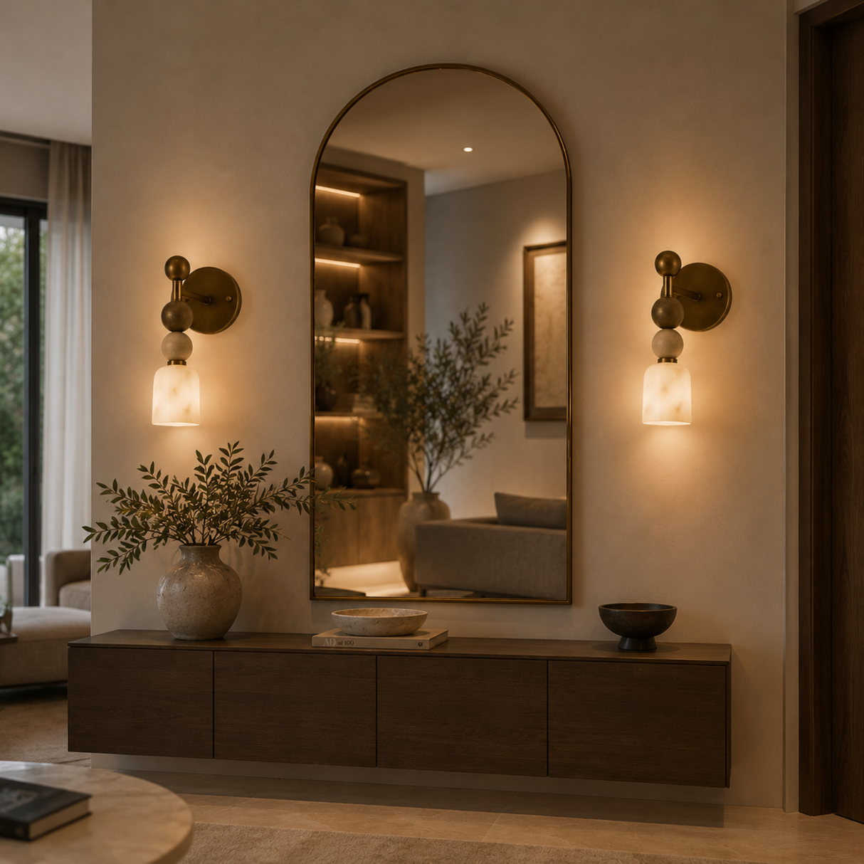 An arched wall mirror with a dark wood frame hangs above a long dark wood console in a warm, modern interior. Two matching wall sconces cast a soft glow on either side, and the mirror reflects a softly lit room with shelves and plants.
