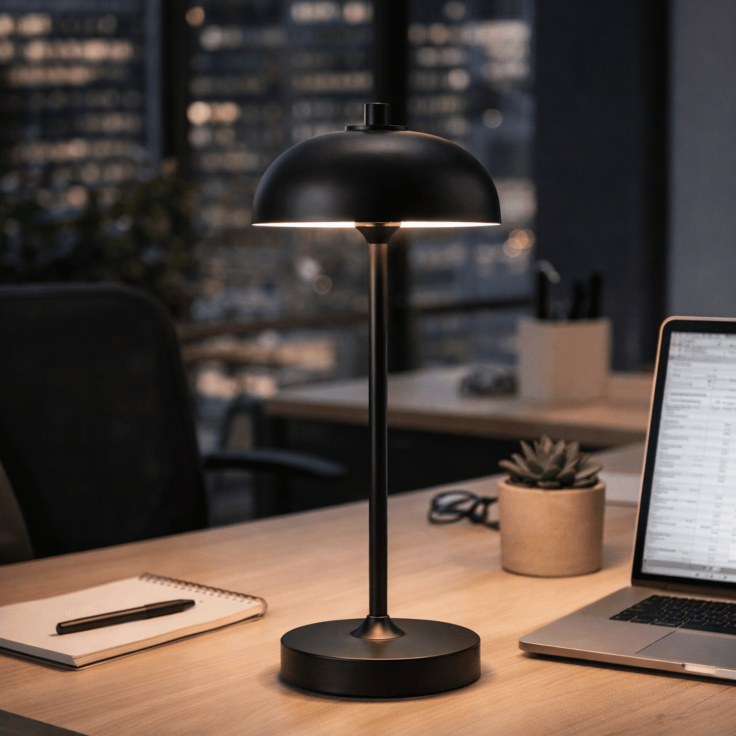 Black table lamp on a desk with a laptop and notebook in a blurred cityscape background