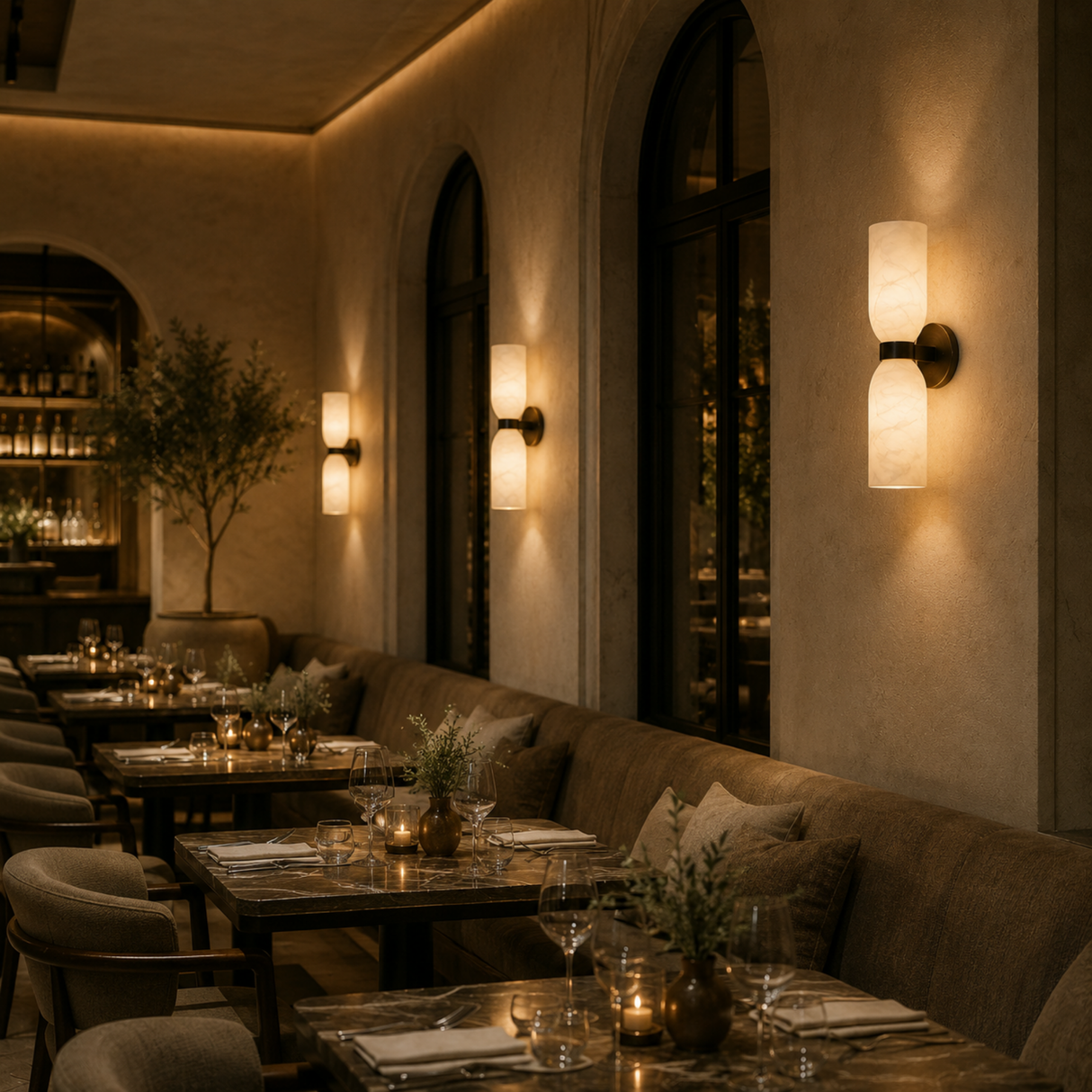 Warm wall sconces mounted on a beige stone wall in a restaurant setting, casting a soft glow over tables set with glassware and candles.