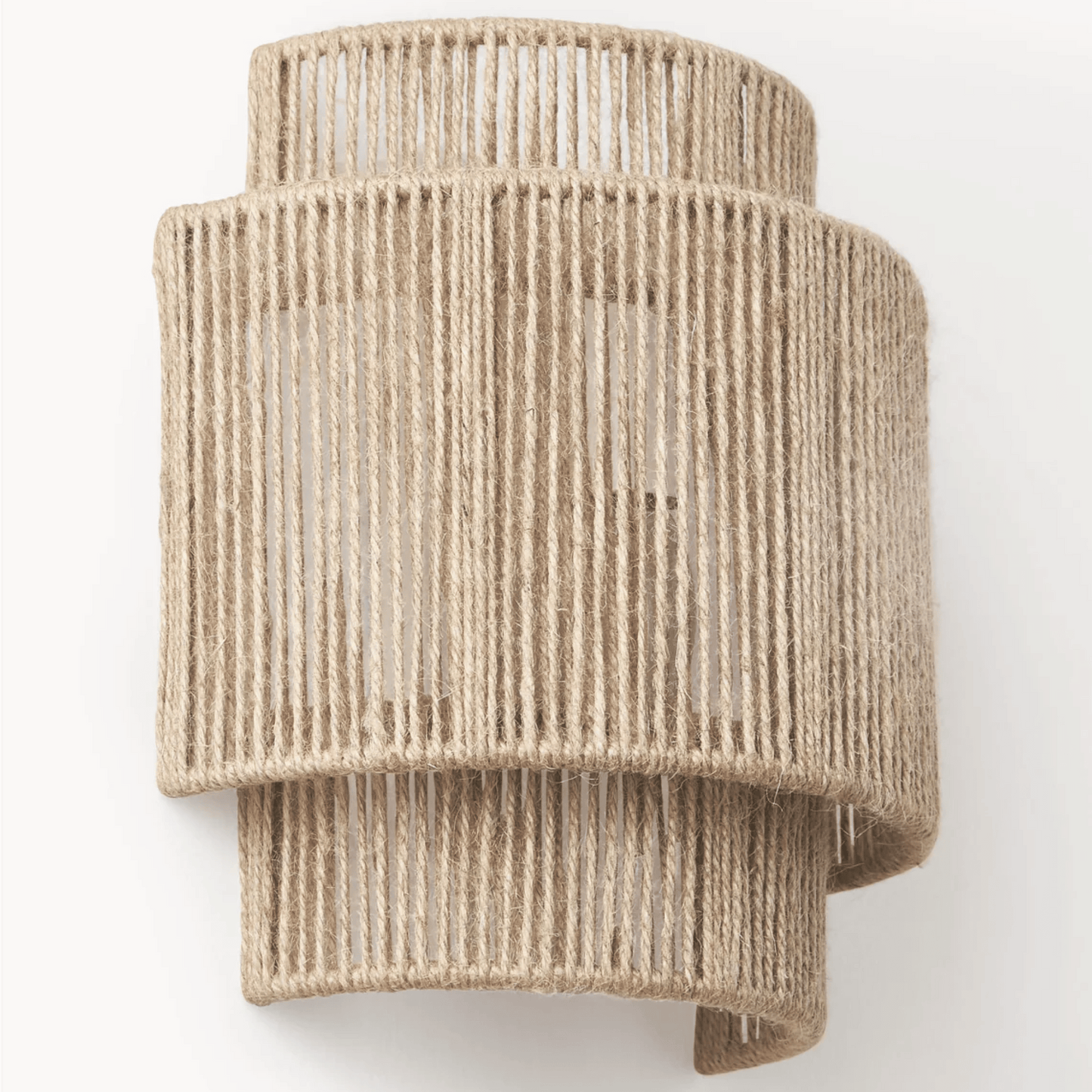 Beige woven wall light fixture on a white background