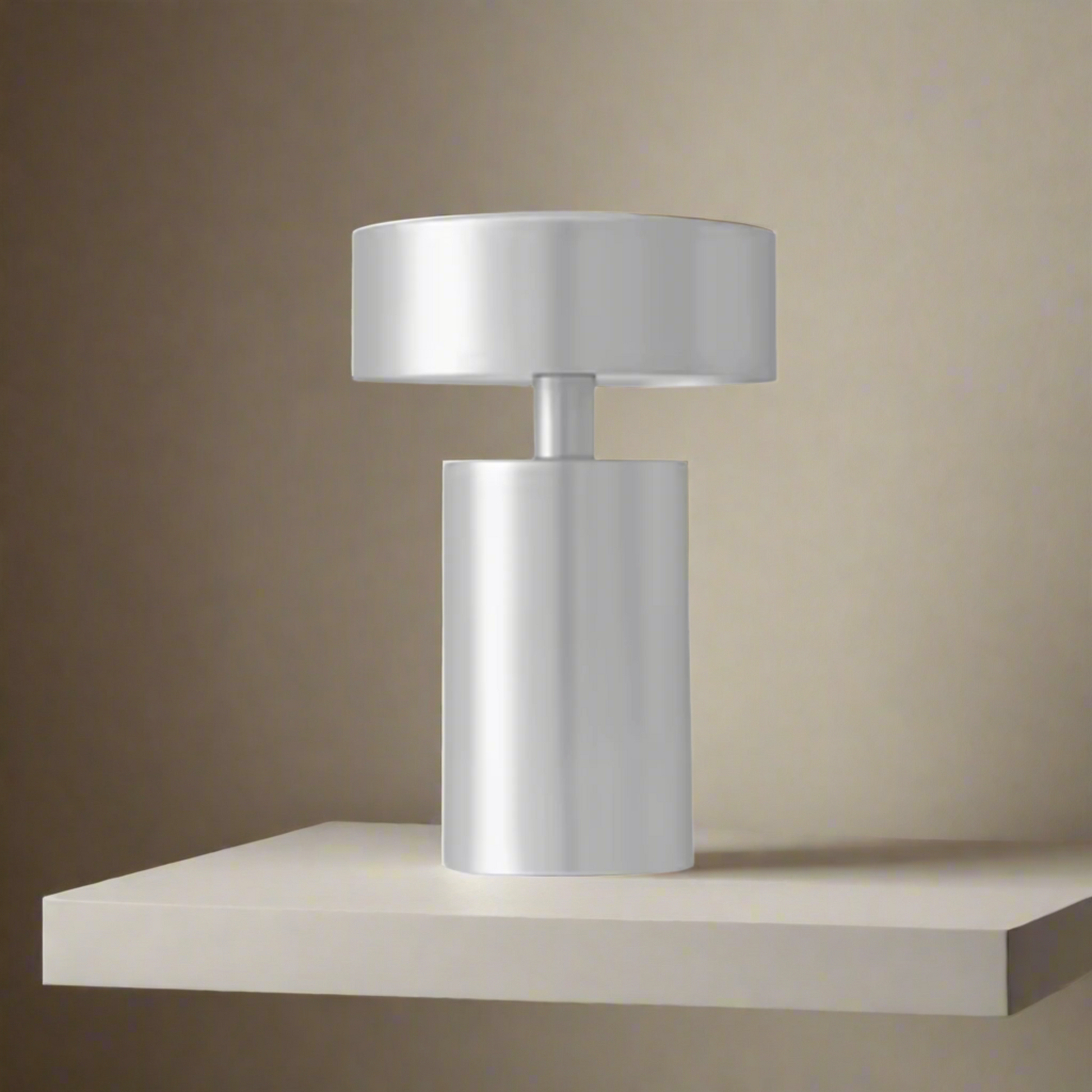 Silver cylindrical lamp on a white background