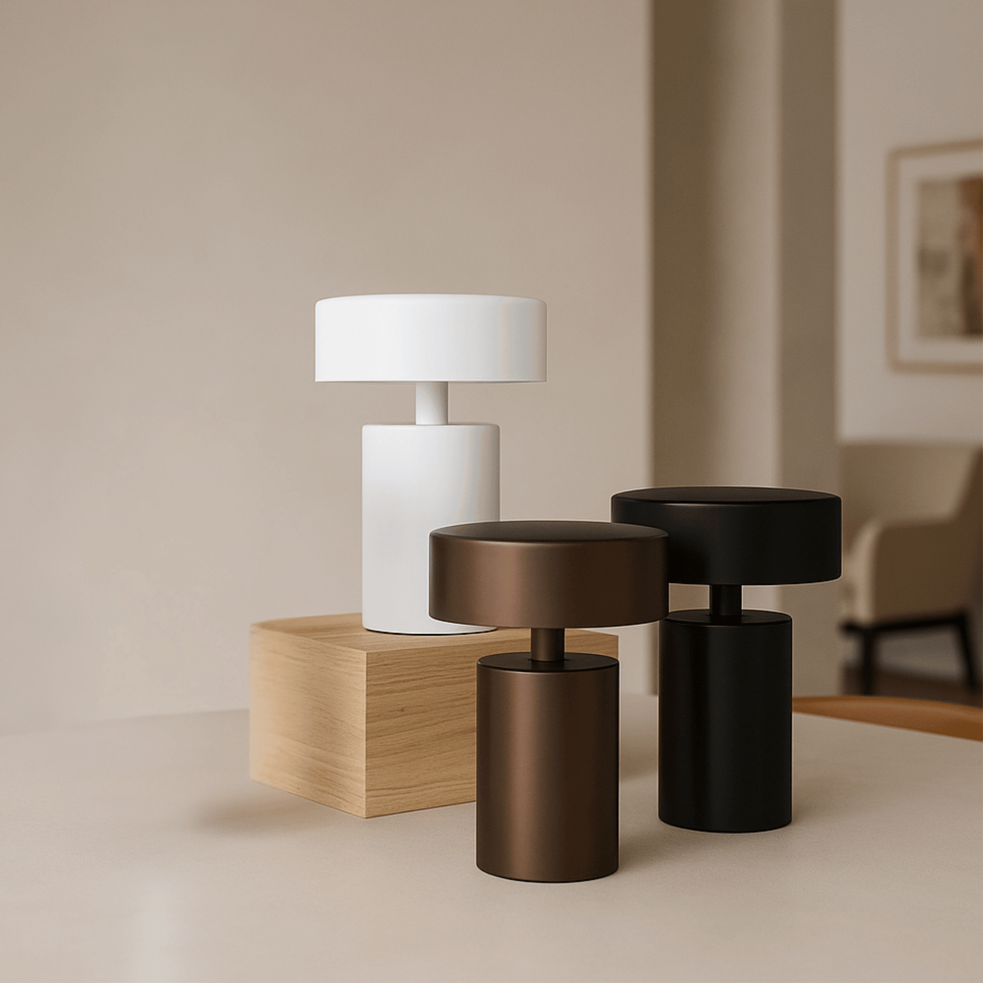 Three modern table lamps in white, bronze, and black on a neutral background
