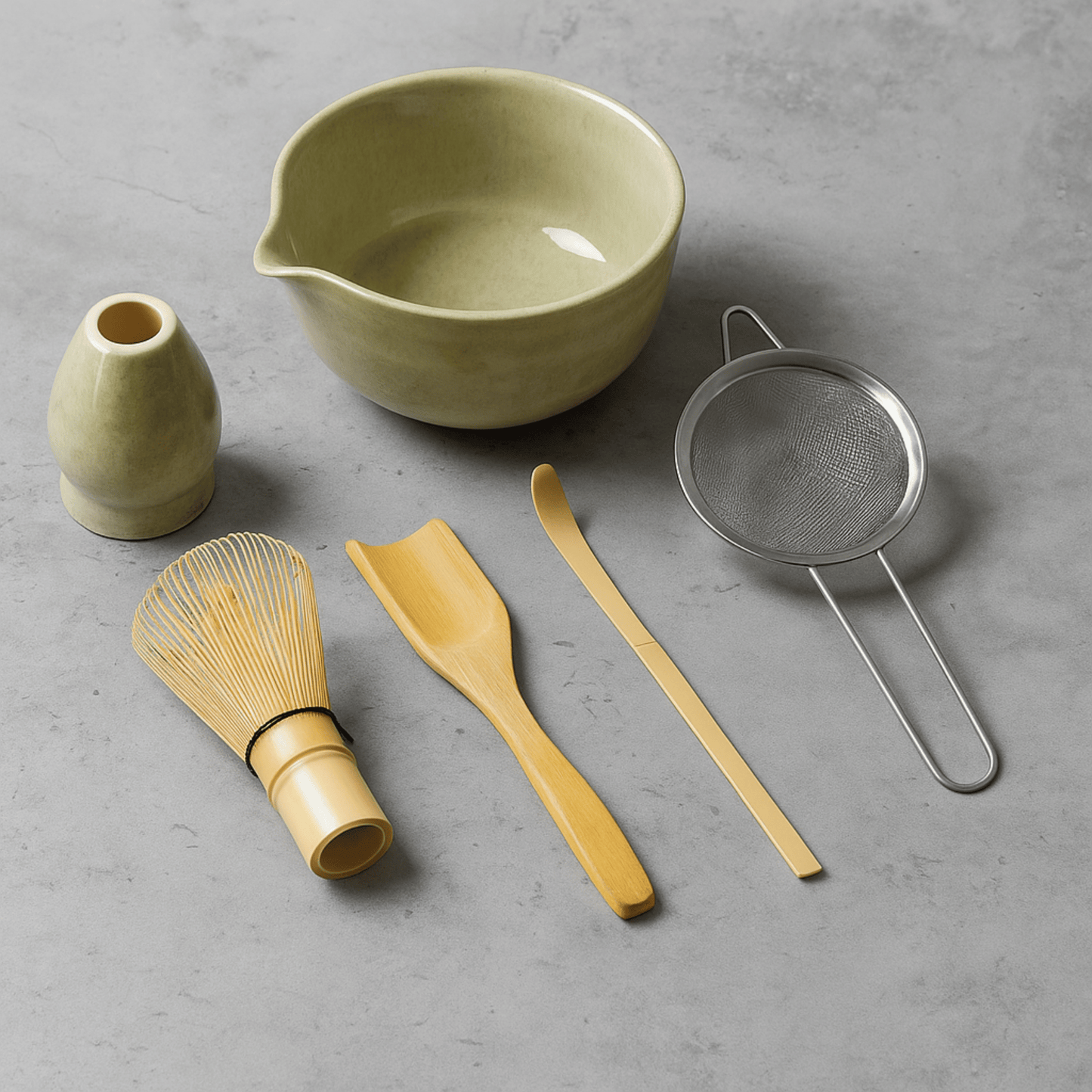 Set of tea-making tools including a green bowl, small vase, whisk, spoon, and strainer on a gray surface.