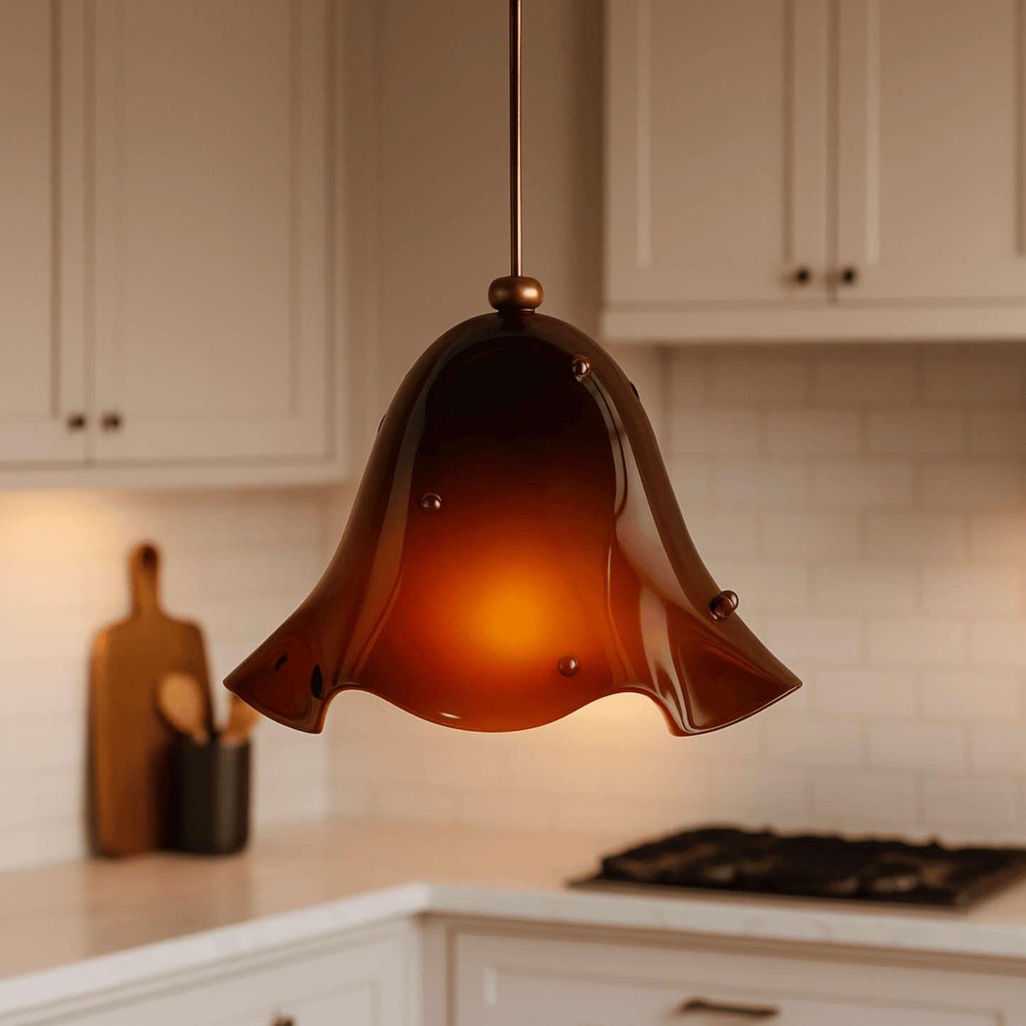 Amber glass pendant light hanging in a kitchen setting