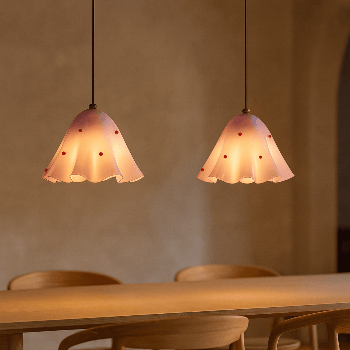Two pendant lights with floral designs hanging above a wooden table and chairs.