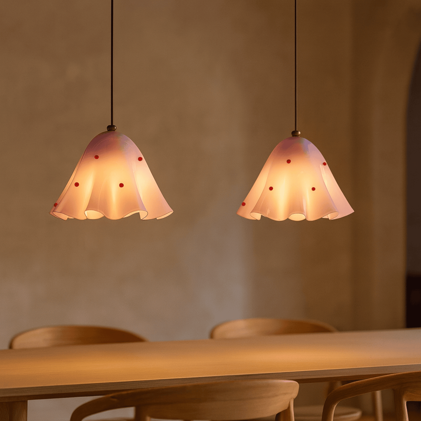Two pendant lights with floral designs hanging above a wooden table and chairs.