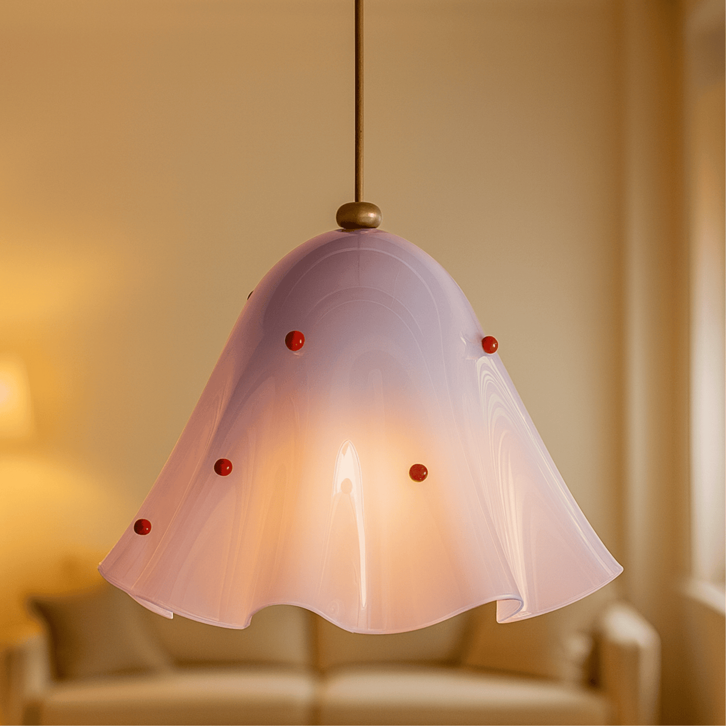 Pink pendant light with red accents in a softly blurred room setting