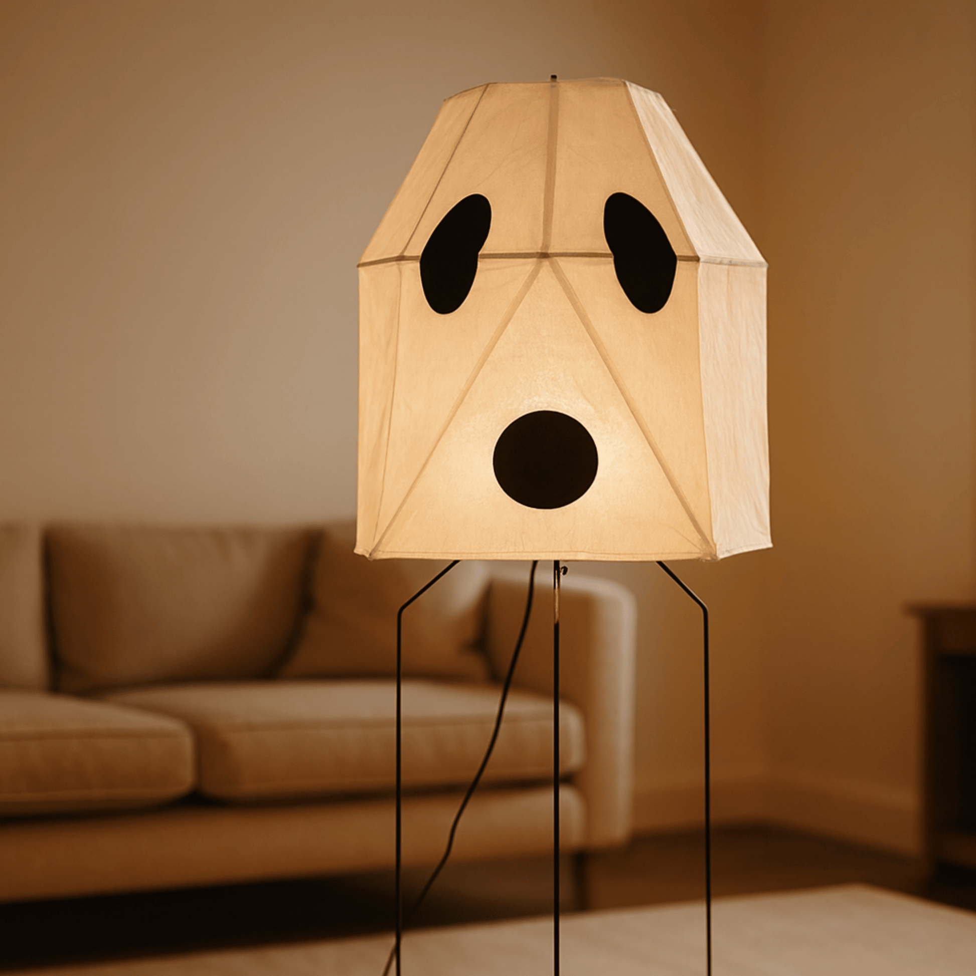 Ghost-shaped lamp on a stand in a room with a blurred sofa in the background