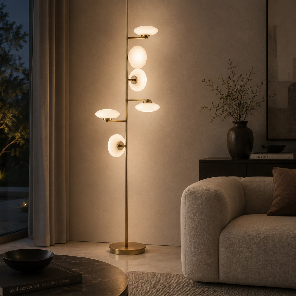 Modern floor lamp in a living room setting with a couch and decorative items.