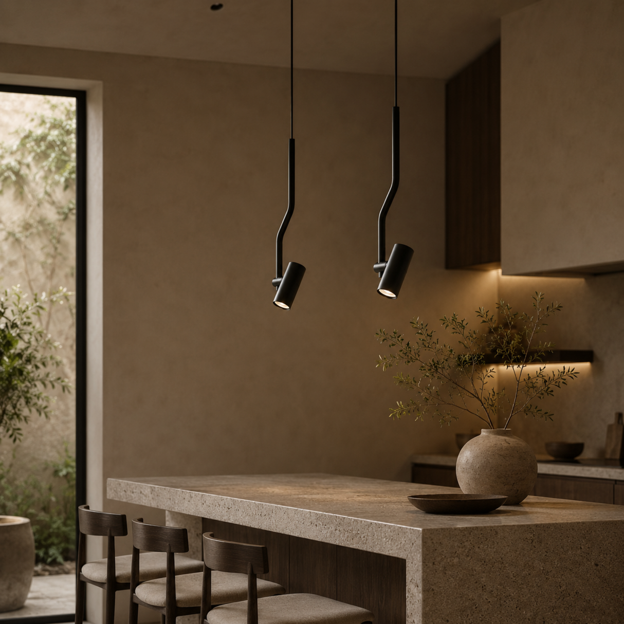 Two modern black wavy pendant lights hanging over a minimalist stone kitchen island in a warm, earthy-toned interior.