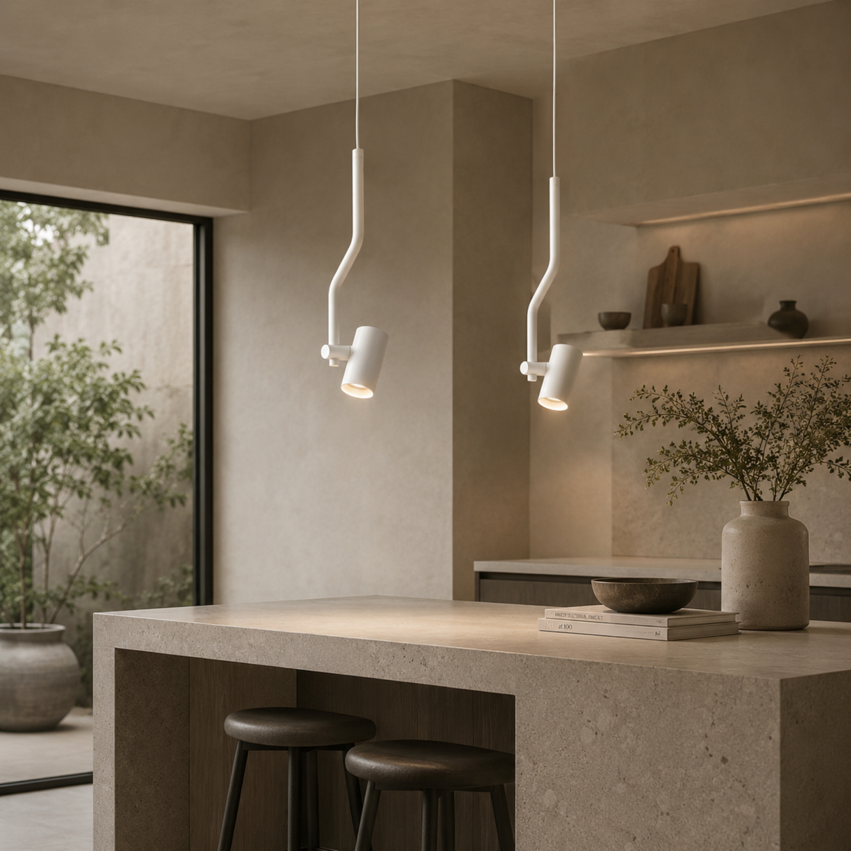 Two modern pendant lights with curved white metal stems and angled white shades hang over a stone kitchen island in a minimalist beige interior.
