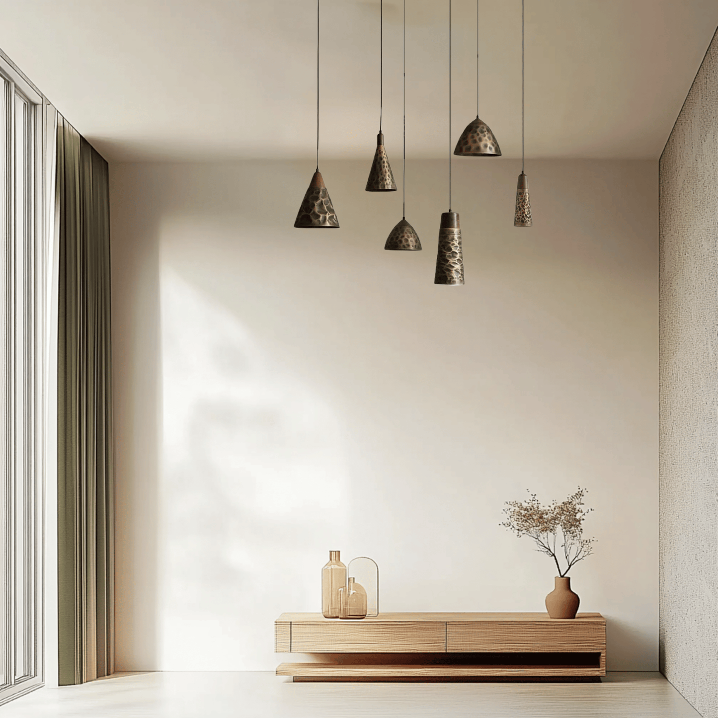 Elegant pendant lights variances that combines vintage walnut and copper finishes in living room.