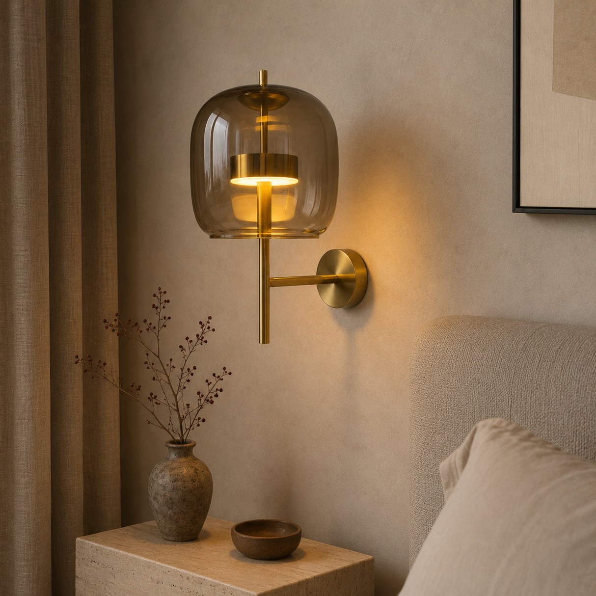 A modern wall-mounted light fixture with a rounded translucent smoky glass dome and a brushed brass/gold metal arm, shown lit in a bedroom setting next to a bed and a small vase.
