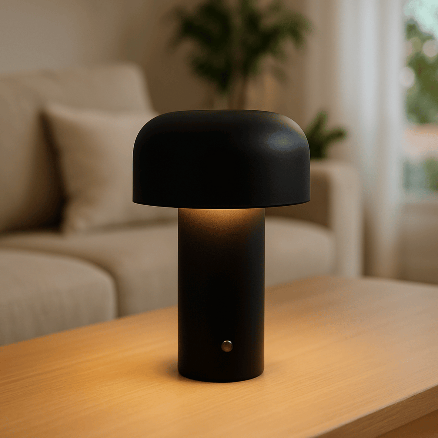 Black table lamp on a wooden surface with a blurred living room background