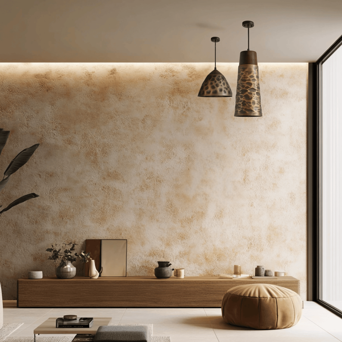 Mixed pendant lights variances that combines vintage walnut and copper finishes, making it a perfect addition to your living room.