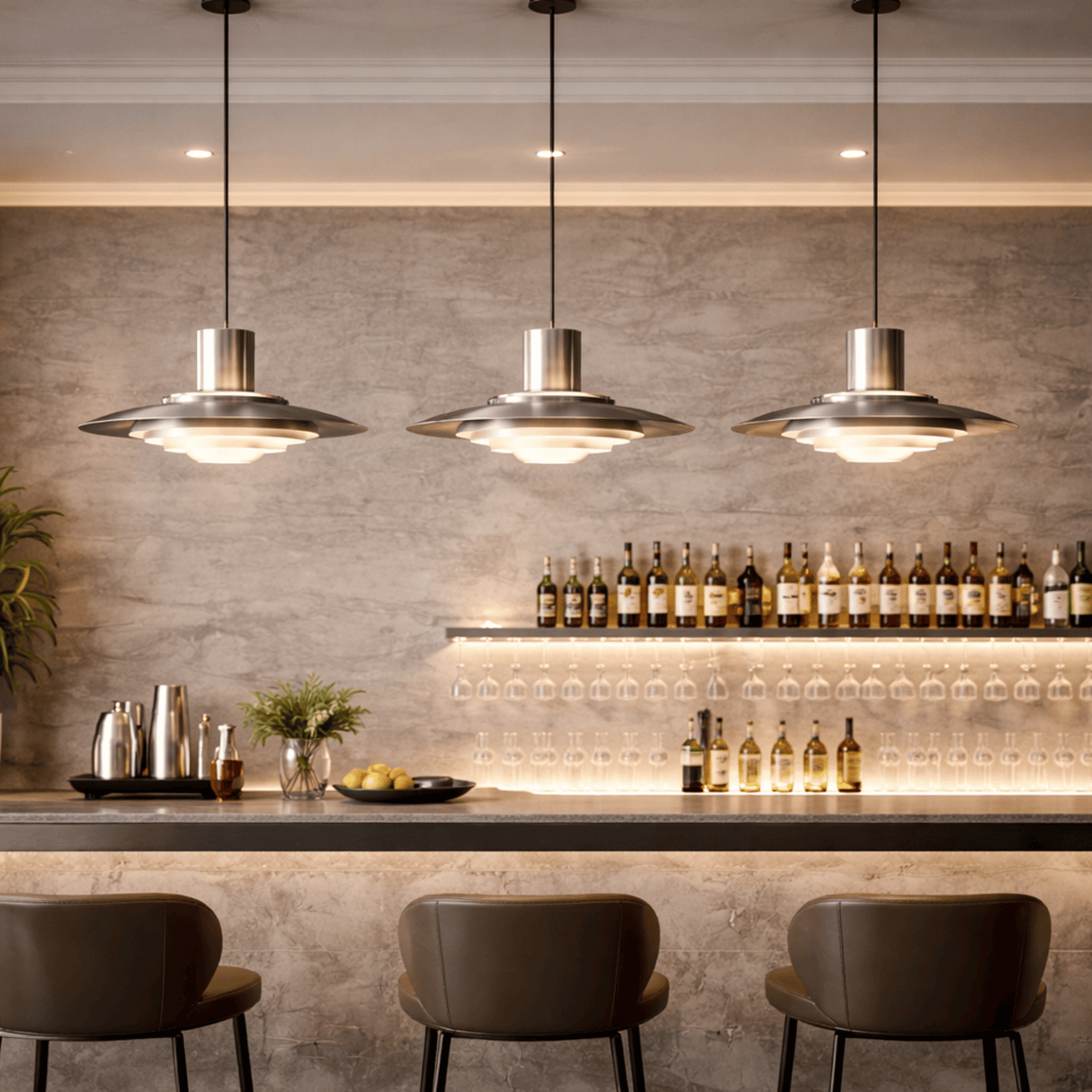 Modern bar setting with pendant lights, shelves of bottles, and chairs.