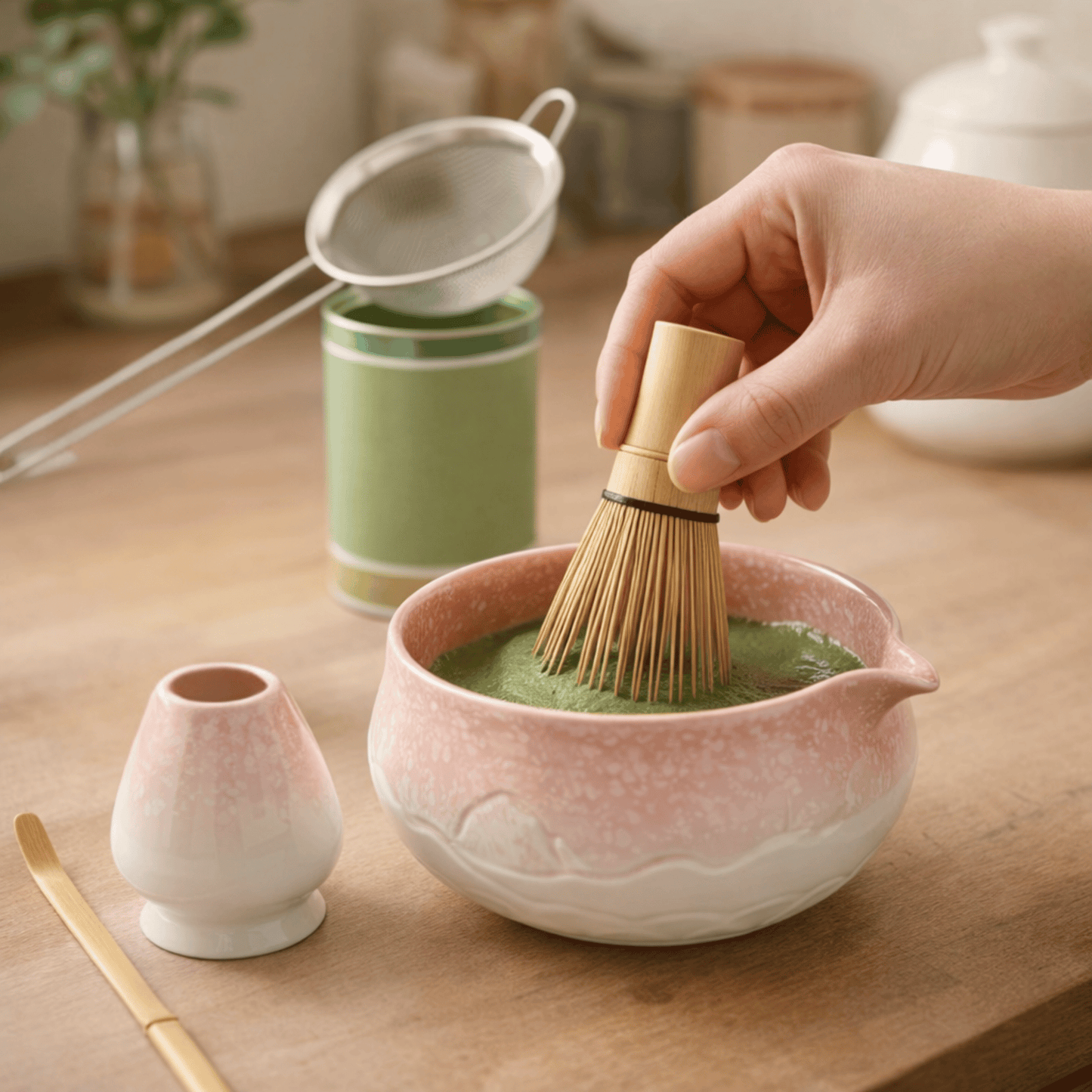 Person using a bamboo whisk to mix green tea in a ceramic bowl on a wooden table.