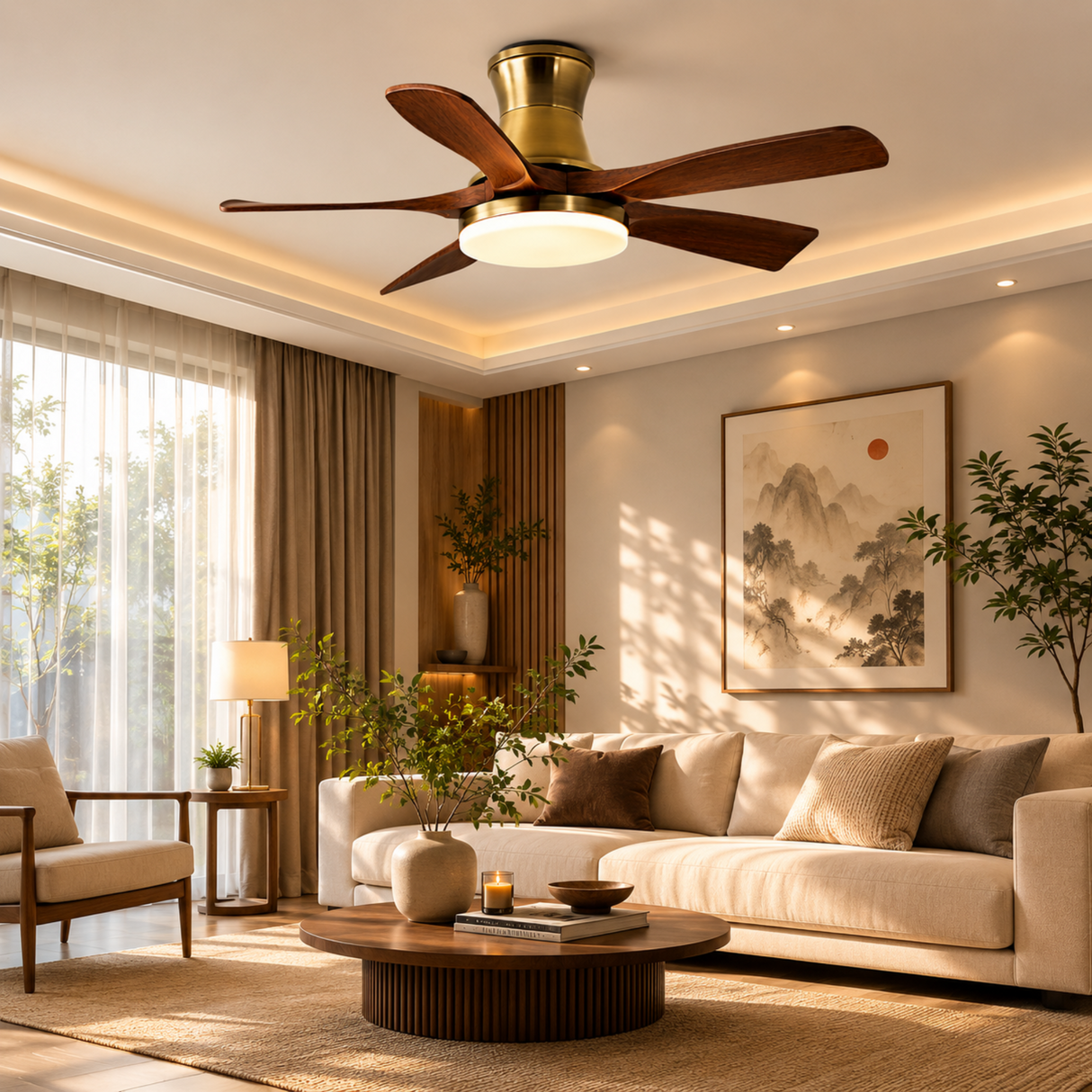 Modern living room with a ceiling fan, sofa, and decorative elements.