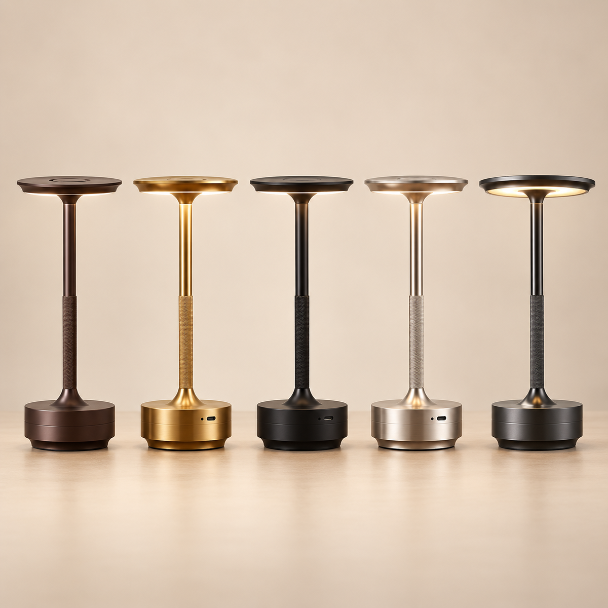 Five modern adjustable table lamps with circular tops and cylindrical bases are lined up on a light beige surface against a warm beige background. The lamps are shown in different metallic finishes: dark brown, gold, black, silver, and dark gray, with the middle two turned on to show the warm light output.