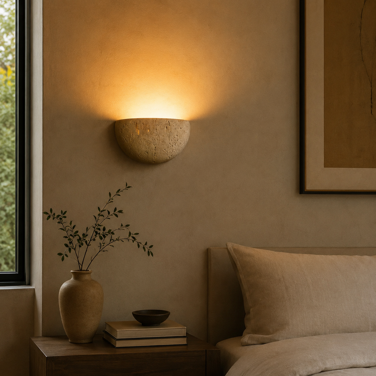 Lumo Travertine Wall Lamp — Handcrafted Wabi-Sabi Stone Sconce
