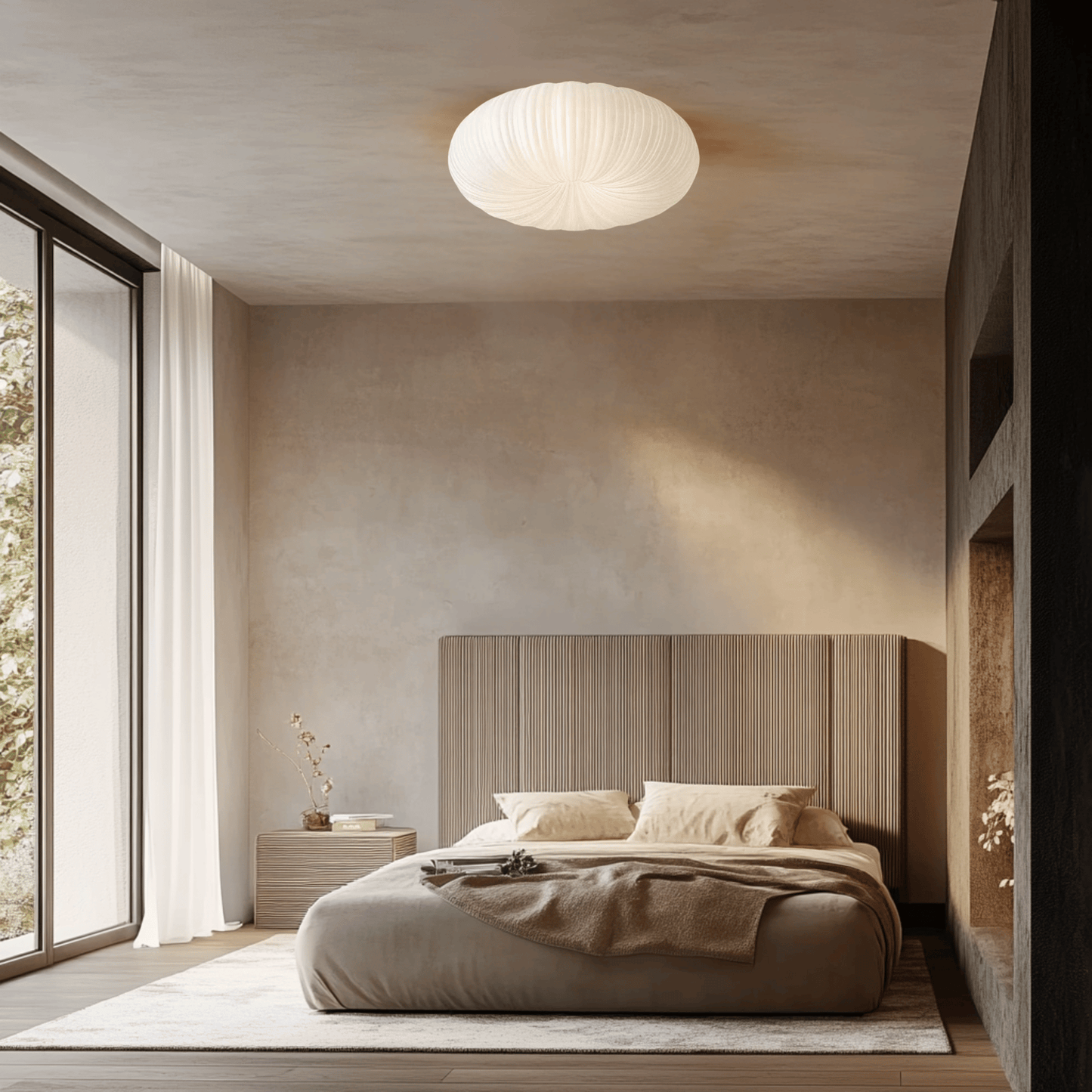 Modern LED Flush Mount Ceiling Light – 15-Inch Pumpkin Design in bedroom.